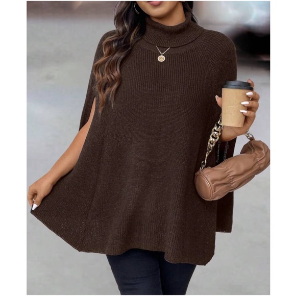 Cozy Ribbed Turtleneck Minimalist Poncho Sweater Top - Picture 1 of 7